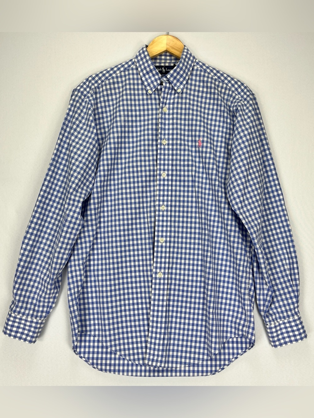 Ralph Lauren Button Down Long Sleeve Dress Shirt Mens M 15 Blue Gingham Pony